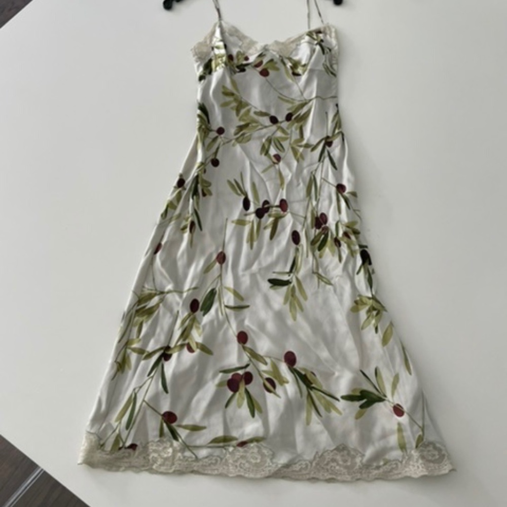 Olive pattern silk charmeuse lace Moschino trimmed slip dress